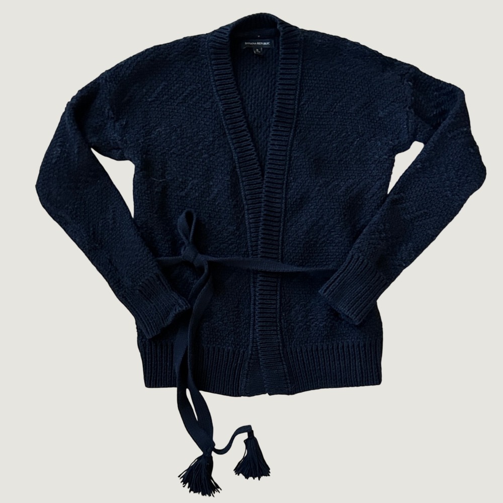 Banana Republic Black Cozy Chunky Cotton Knit Tassel Tie Belt Cardigan Sweater S